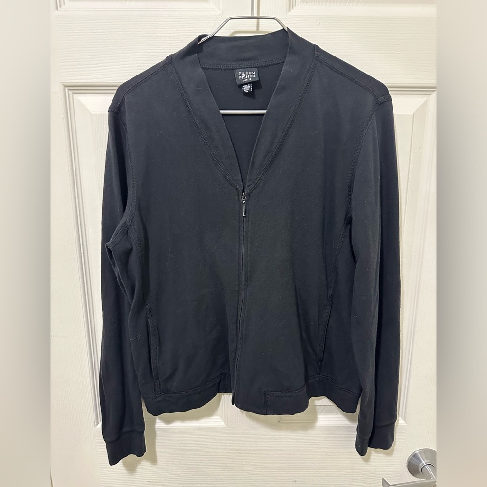EILEEN FISHER Black Petite Large Zip-Up Jacket.